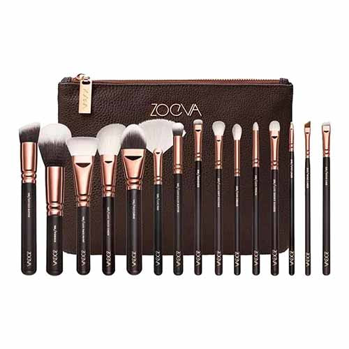 Zoeva 15-Piece Makeup Brush Set – Professional Essential Kit with Brown Brush Bag