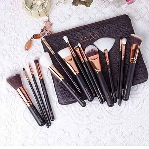 Zoeva 15-Piece Makeup Brush Set – Professional Essential Kit with Brown Brush Bag