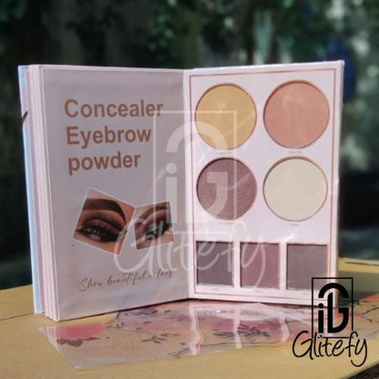 Mocallure 4 Step Makeup palette with concealer, eyebrow, and powder shades on a blurred background
