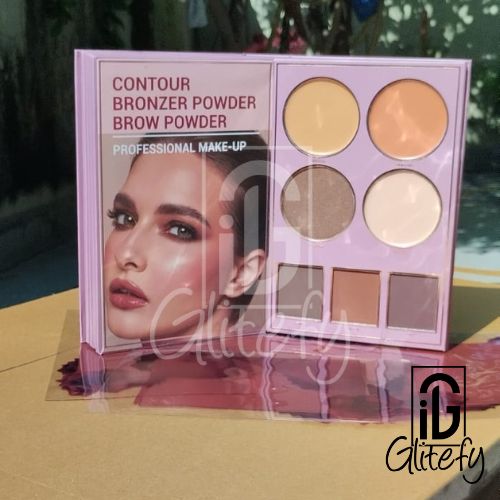 Mocallure 5 Step Makeup palette with color swatches and a model's face on the packaging, branded 'Glitefy'.